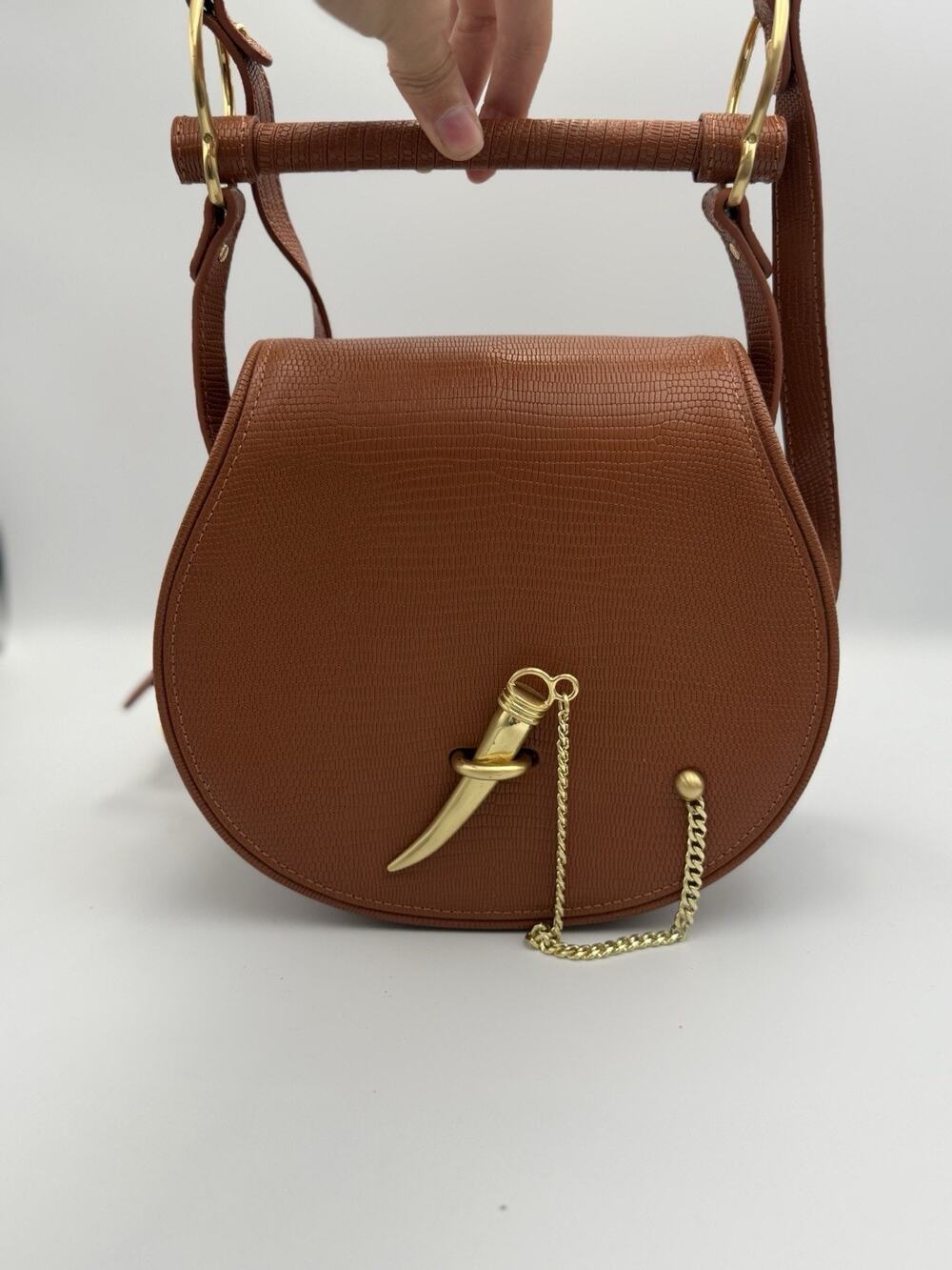 SANCIA Babylon Fob Cognac Lizard Embossed Saddle Crossbody Bag Horn Charm